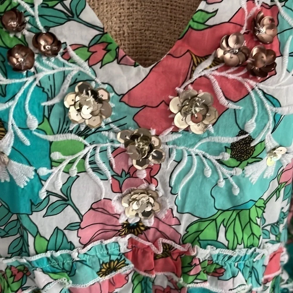 Boston Proper Bouquet Of Summer Embellished Peasant Dress XS NWOT